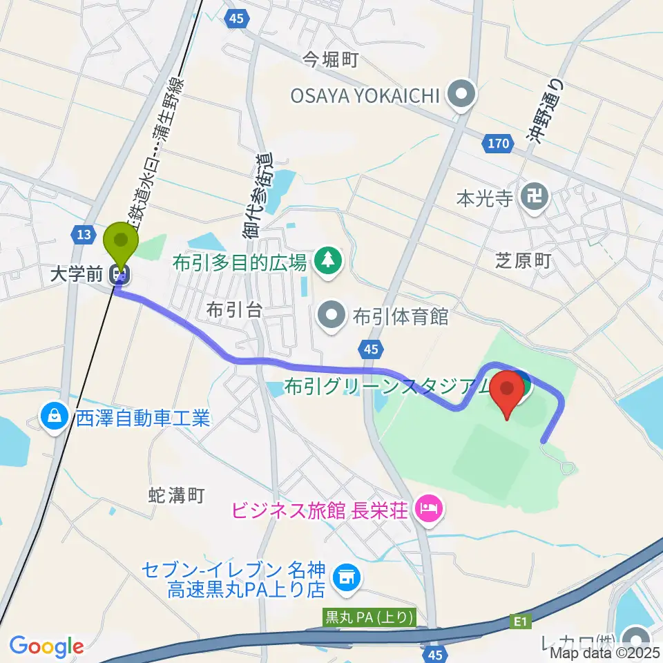 布引グリーンスタジアムの最寄駅大学前駅からの徒歩ルート（約20分）地図