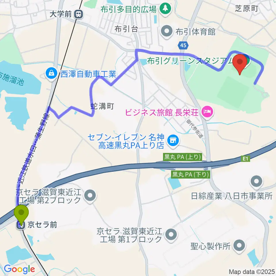 京セラ前駅から布引グリーンスタジアムへのルートマップ地図