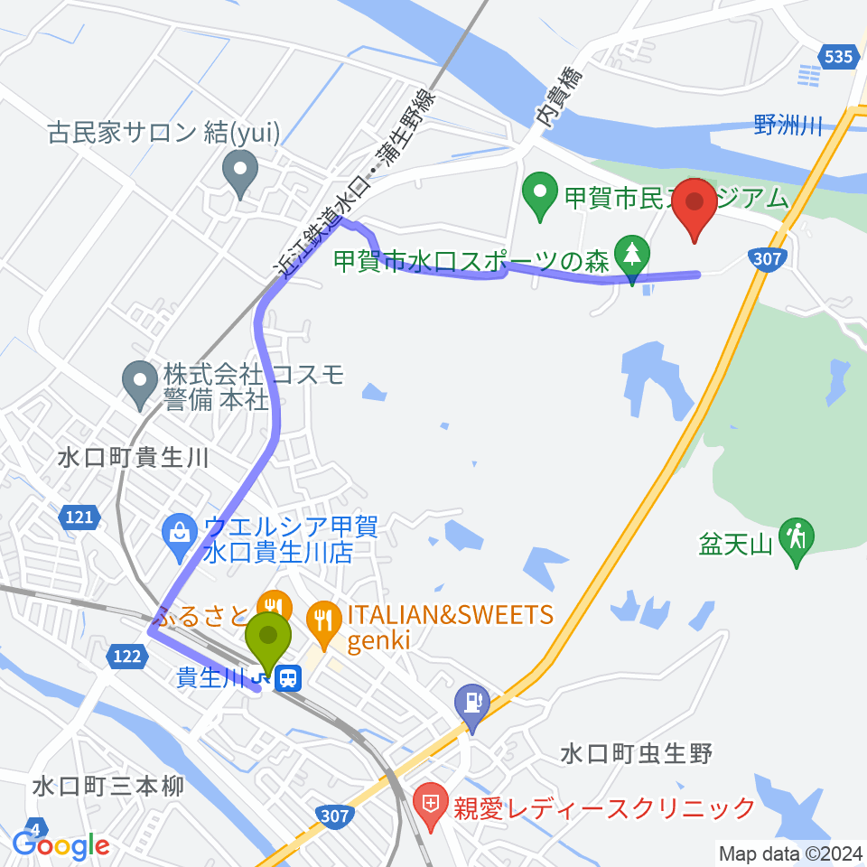 貴生川駅から甲賀市水口スポーツの森陸上競技場へのルートマップ地図