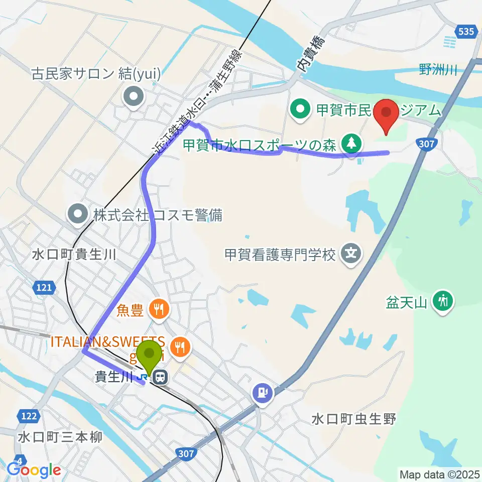 貴生川駅から甲賀市水口スポーツの森陸上競技場へのルートマップ地図