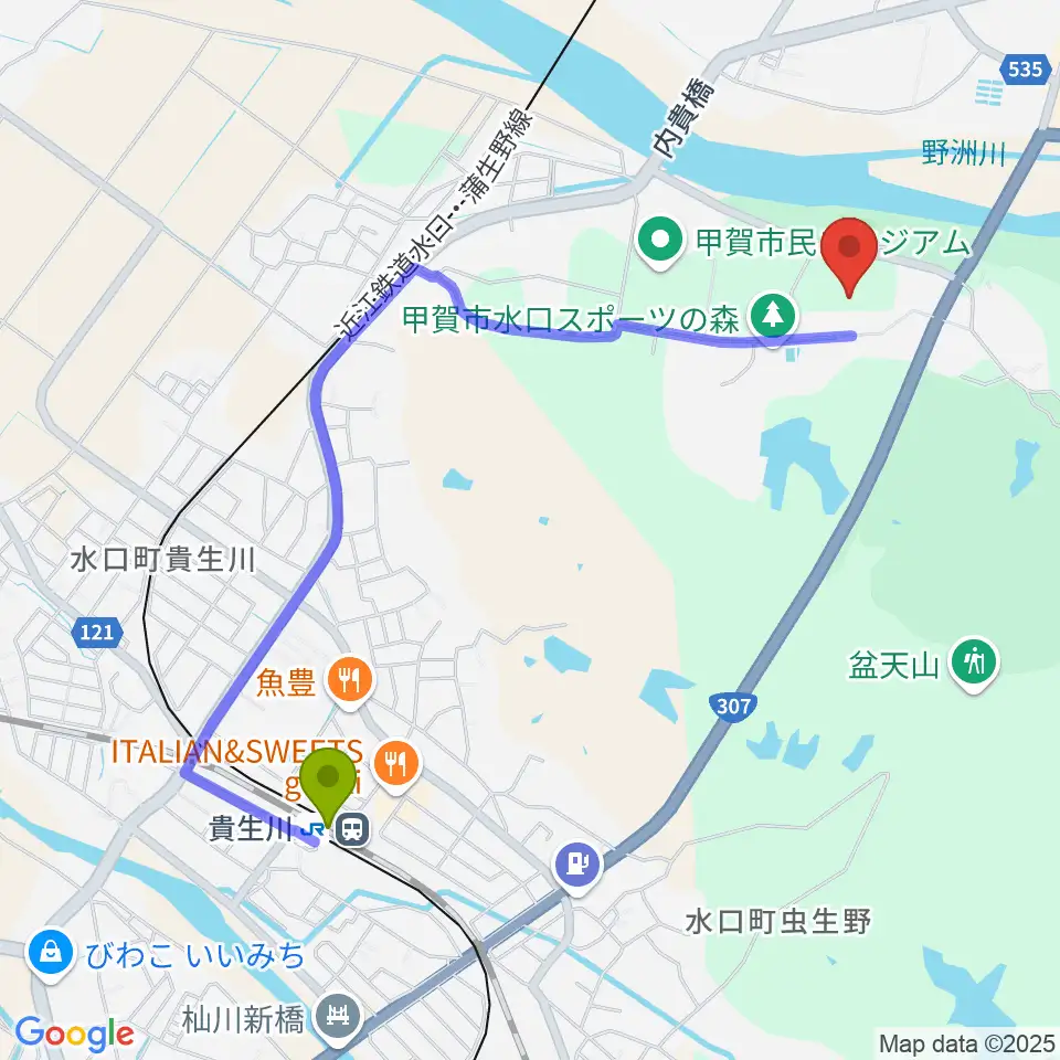 貴生川駅から甲賀市水口スポーツの森陸上競技場へのルートマップ地図