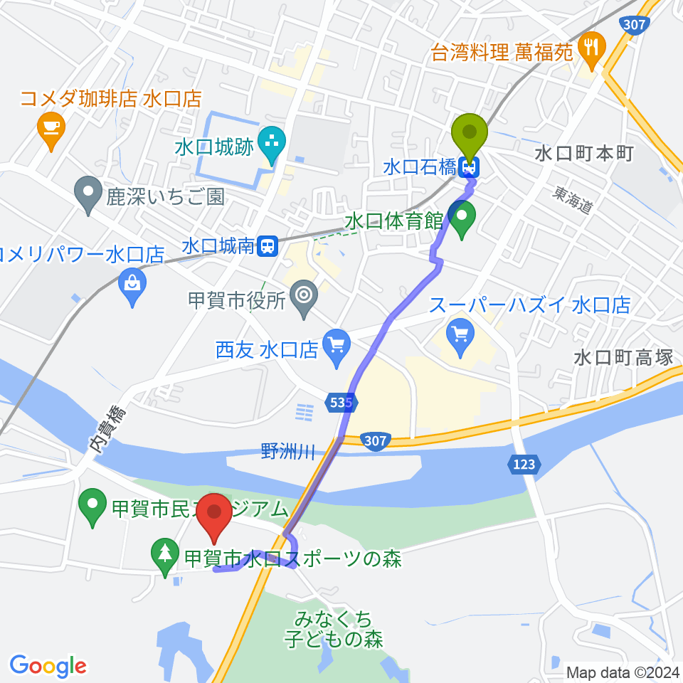 水口石橋駅から甲賀市水口スポーツの森陸上競技場へのルートマップ地図