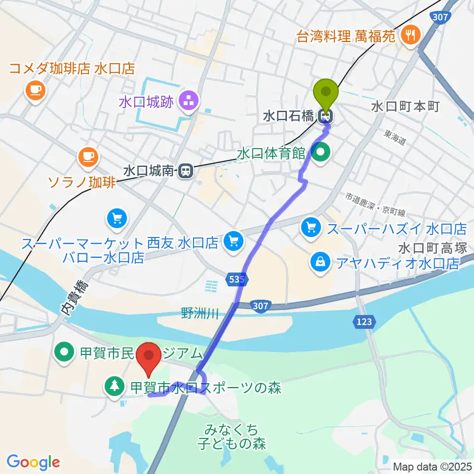 水口石橋駅から甲賀市水口スポーツの森陸上競技場へのルートマップ地図