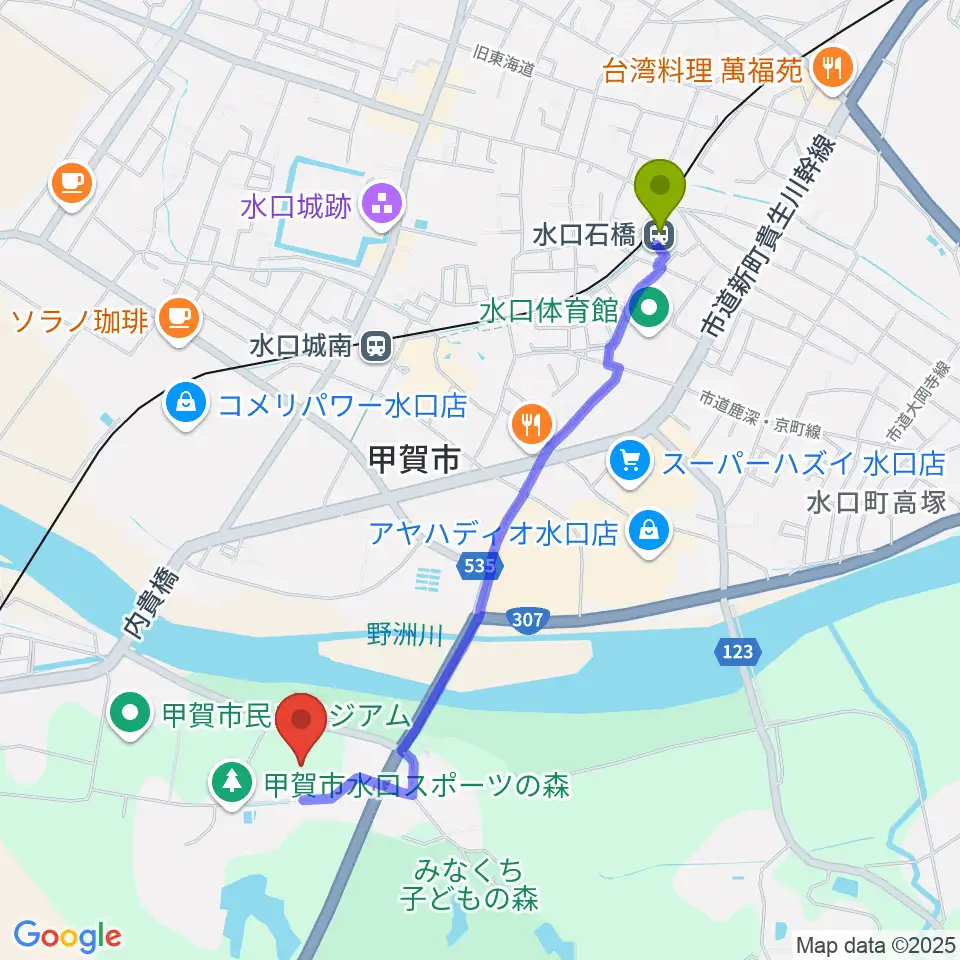 水口石橋駅から甲賀市水口スポーツの森陸上競技場へのルートマップ地図