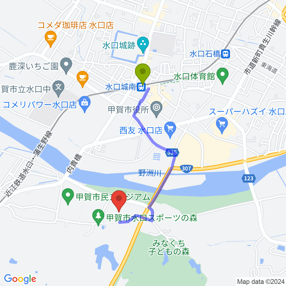 甲賀市水口スポーツの森陸上競技場の最寄駅水口城南駅からの徒歩ルート（約14分）地図