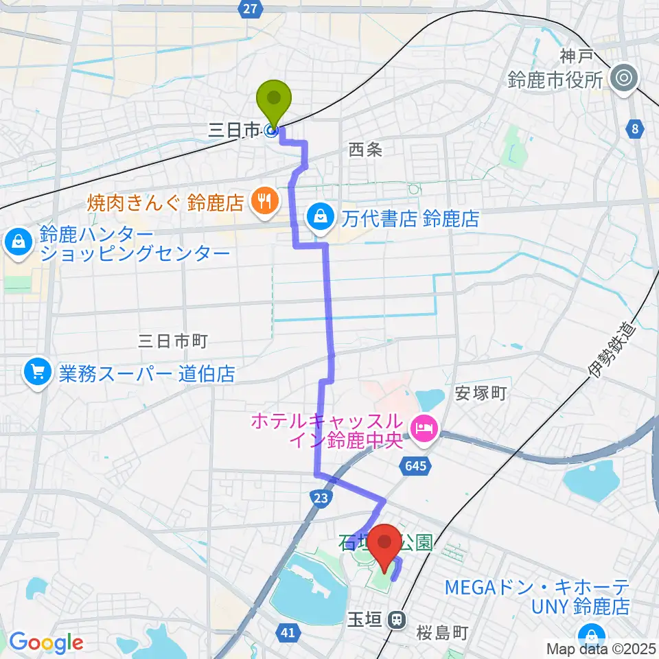 三日市駅からAGF鈴鹿陸上競技場へのルートマップ地図