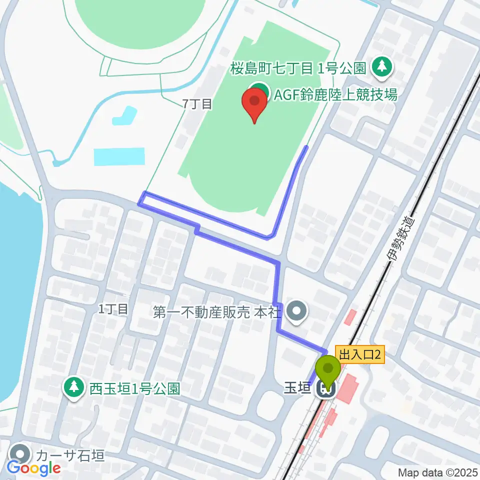 AGF鈴鹿陸上競技場の最寄駅玉垣駅からの徒歩ルート（約5分）地図