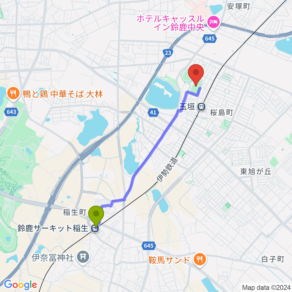 鈴鹿サーキット稲生駅からAGF鈴鹿陸上競技場へのルートマップ地図