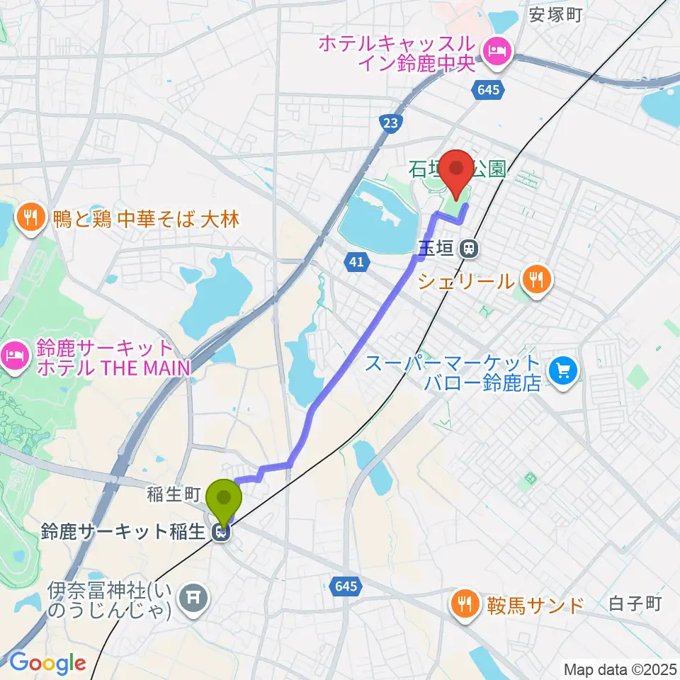 鈴鹿サーキット稲生駅からAGF鈴鹿陸上競技場へのルートマップ地図