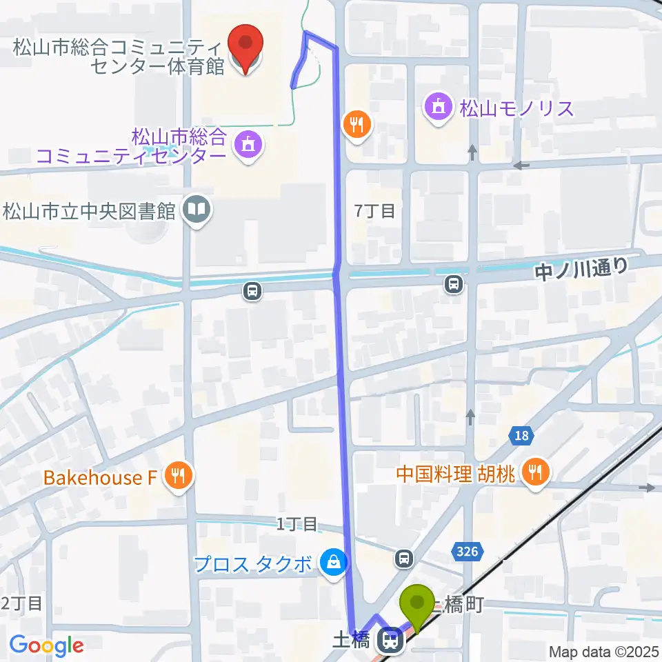 土橋駅から松山市総合コミュニティセンター体育館へのルートマップ地図