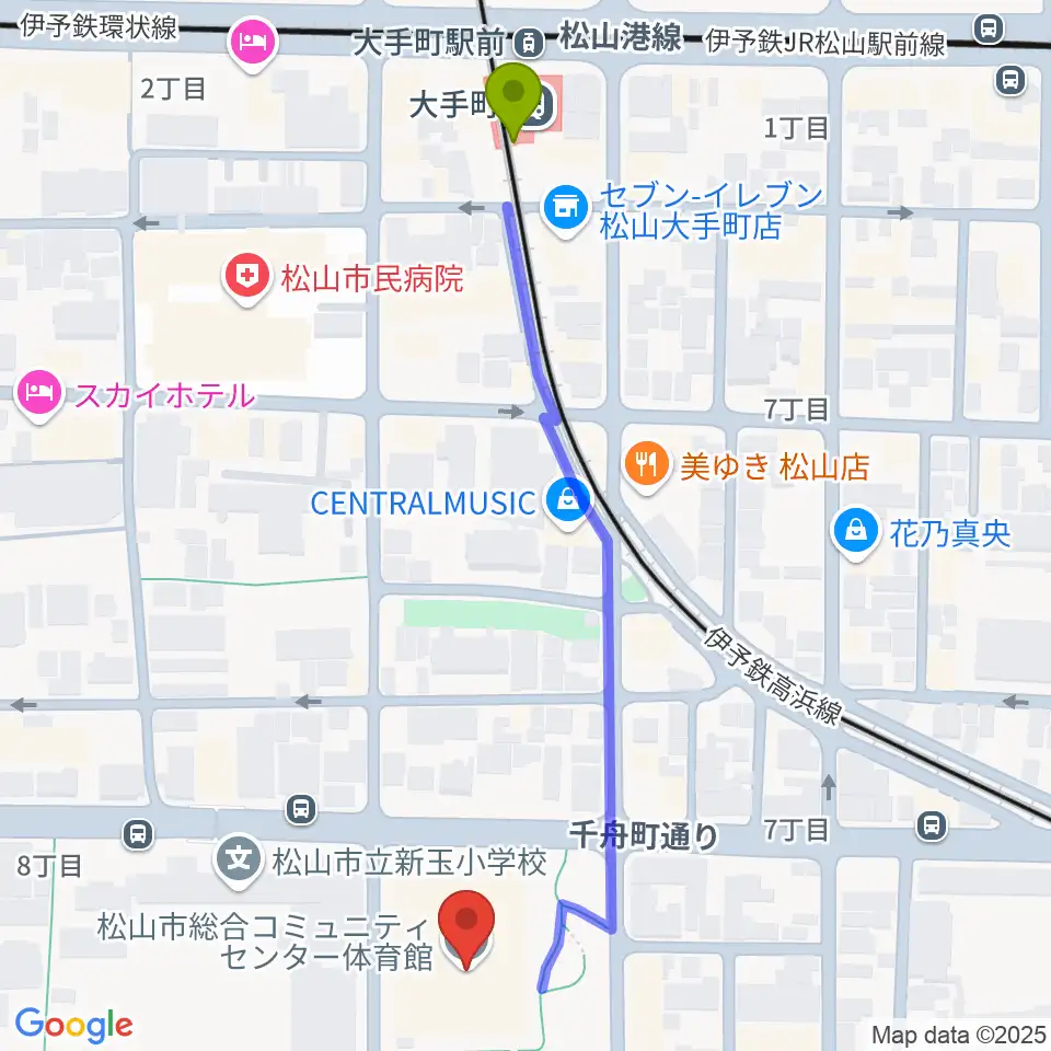 松山市総合コミュニティセンター体育館の最寄駅大手町駅からの徒歩ルート（約6分）地図