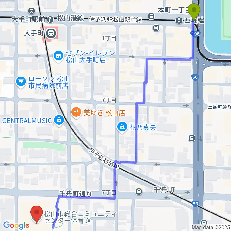 西堀端駅から松山市総合コミュニティセンター体育館へのルートマップ地図