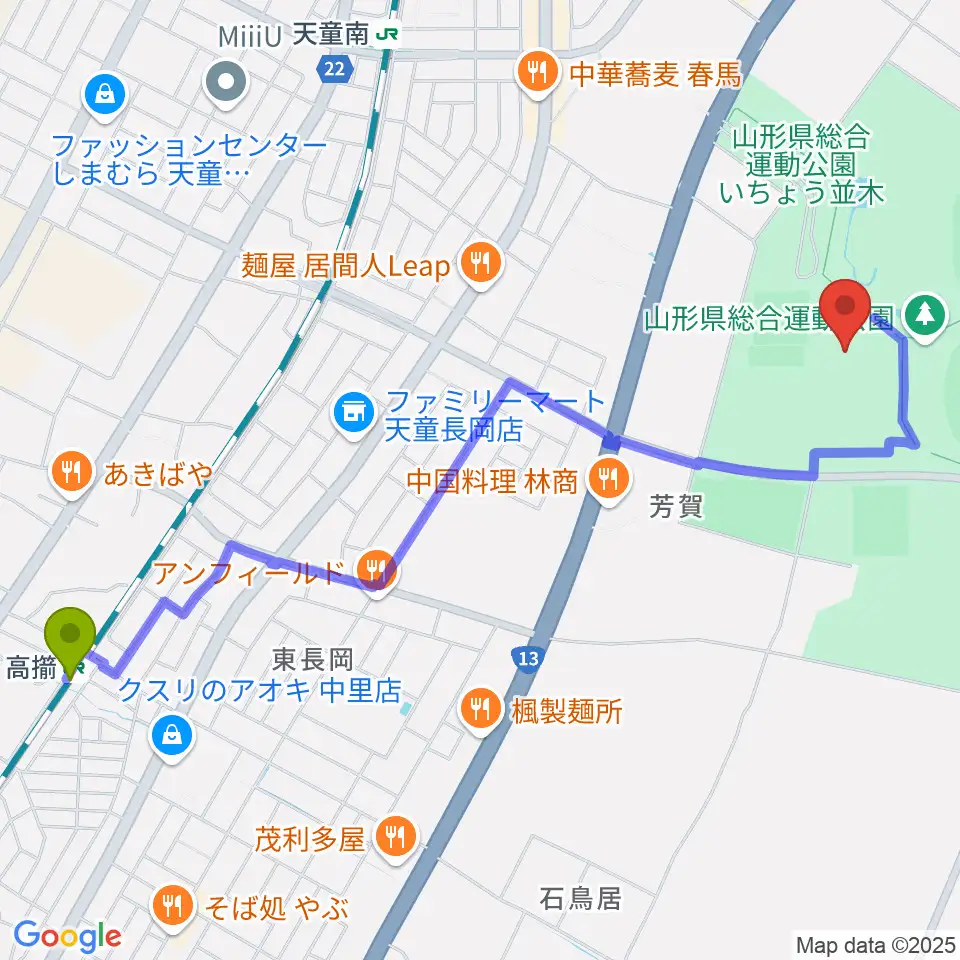 高擶駅から山形県総合運動公園 総合体育館へのルートマップ地図