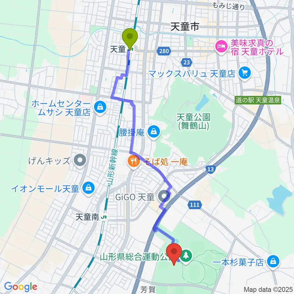 天童駅から山形県総合運動公園 総合体育館へのルートマップ地図