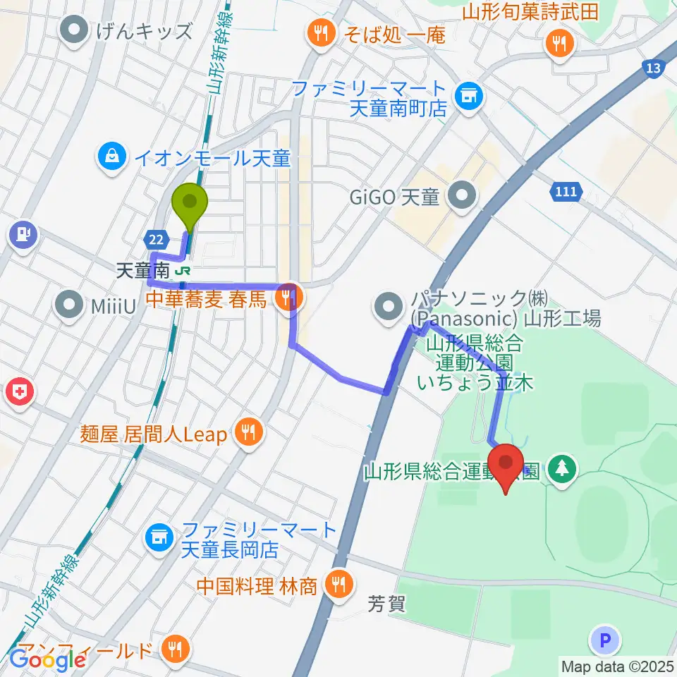 山形県総合運動公園 総合体育館の最寄駅天童南駅からの徒歩ルート（約18分）地図