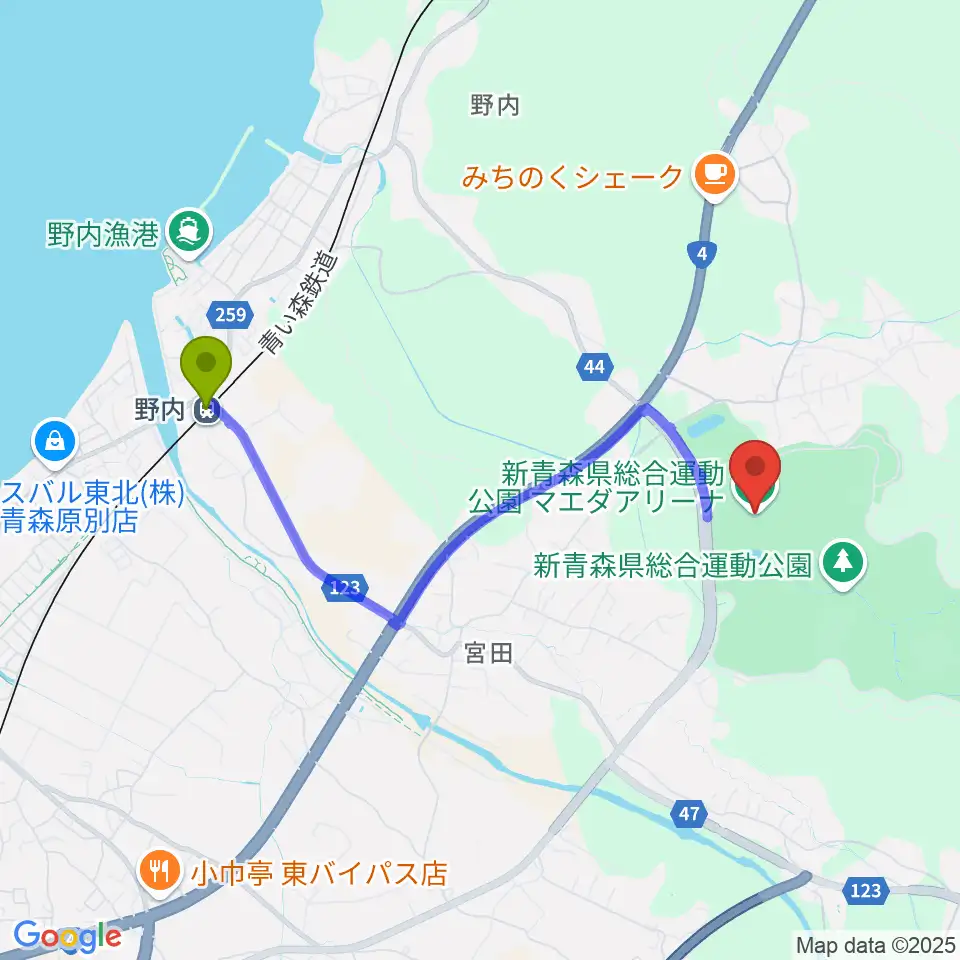 マエダアリーナの最寄駅野内駅からの徒歩ルート（約34分）地図