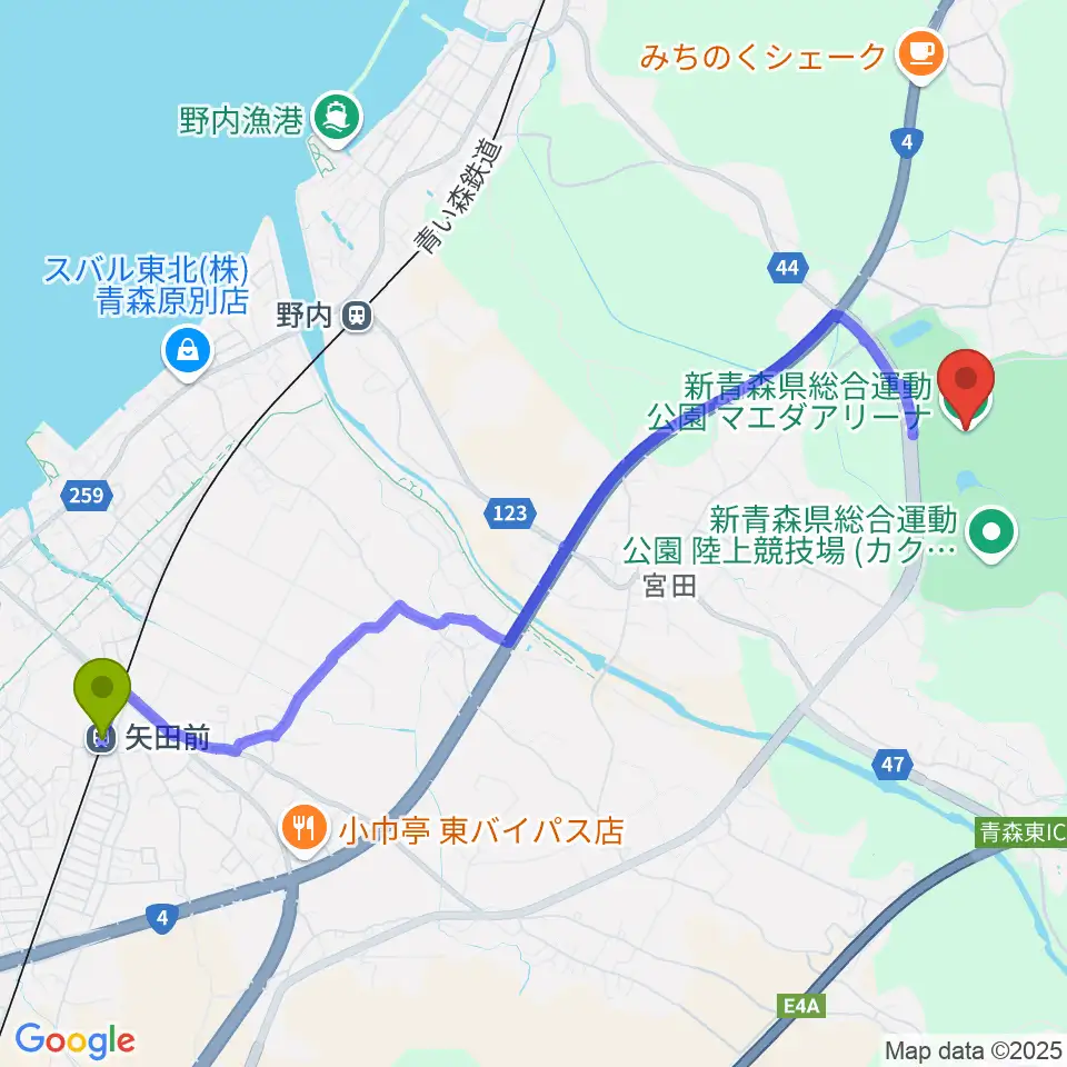 矢田前駅からマエダアリーナへのルートマップ地図