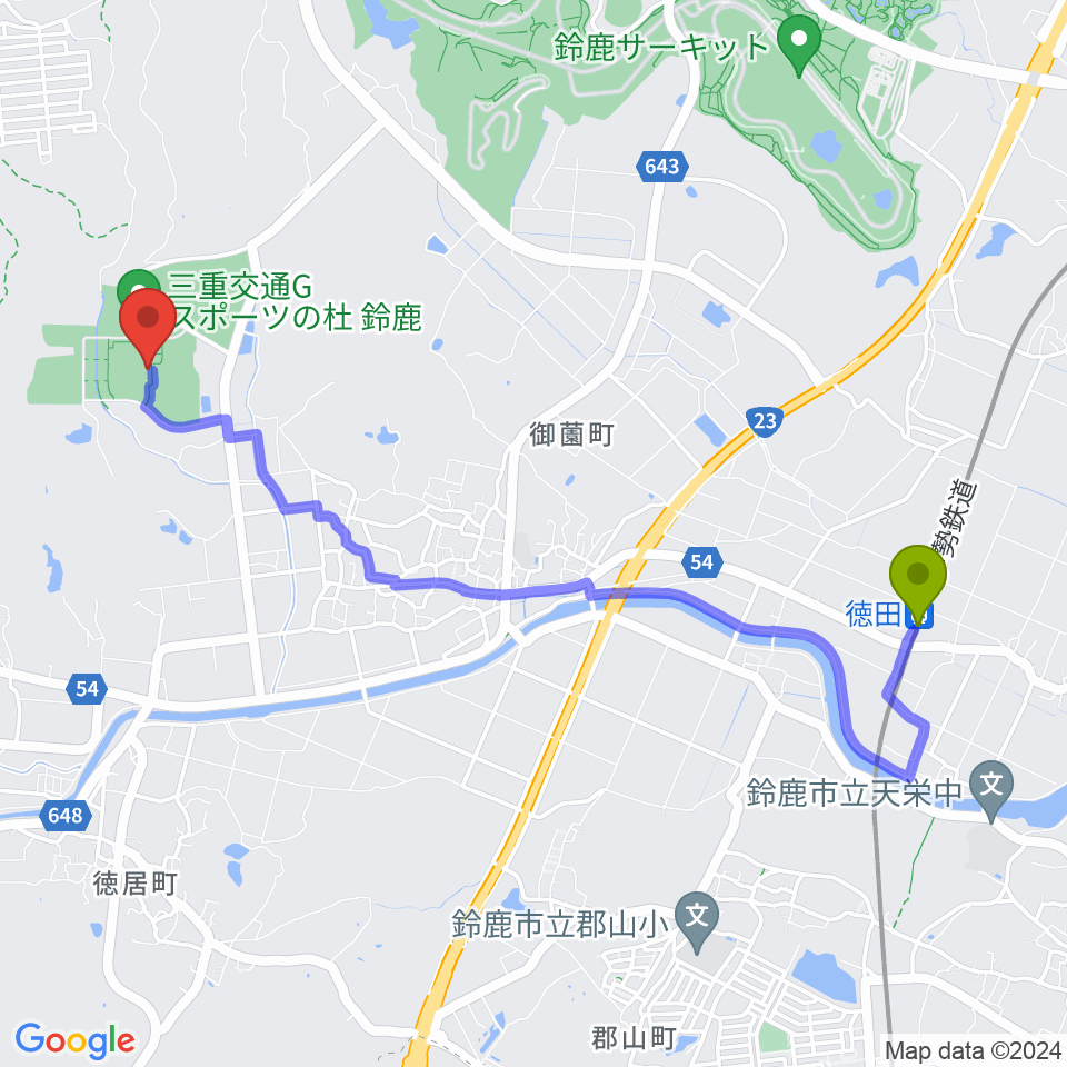 三重交通Gスポーツの杜鈴鹿サッカー・ラグビー場の最寄駅徳田駅からの徒歩ルート（約48分）地図