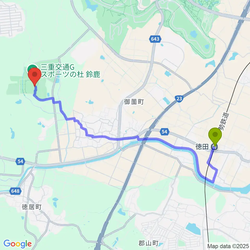三重交通Gスポーツの杜鈴鹿サッカー・ラグビー場の最寄駅徳田駅からの徒歩ルート（約48分）地図
