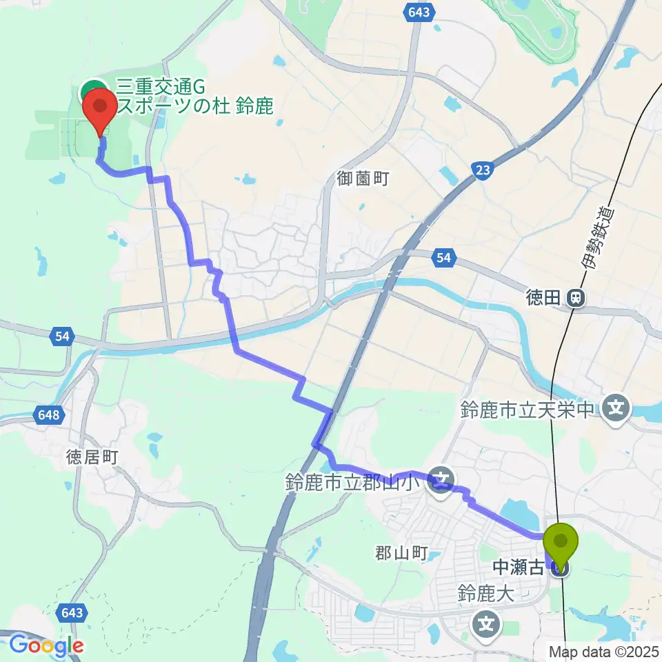 中瀬古駅から三重交通Gスポーツの杜鈴鹿サッカー・ラグビー場へのルートマップ地図