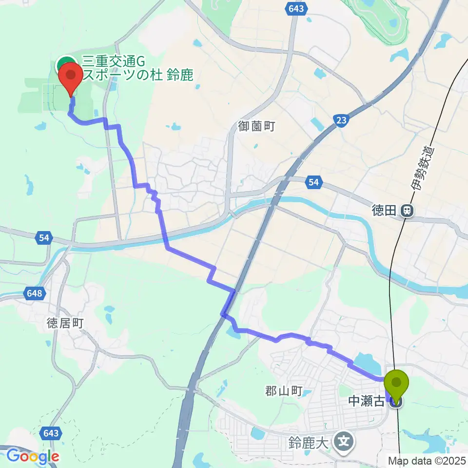 中瀬古駅から三重交通Gスポーツの杜鈴鹿サッカー・ラグビー場へのルートマップ地図