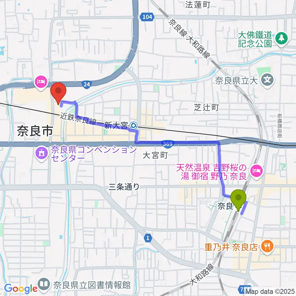 奈良駅からOneNoteミュージックスクールへのルートマップ地図