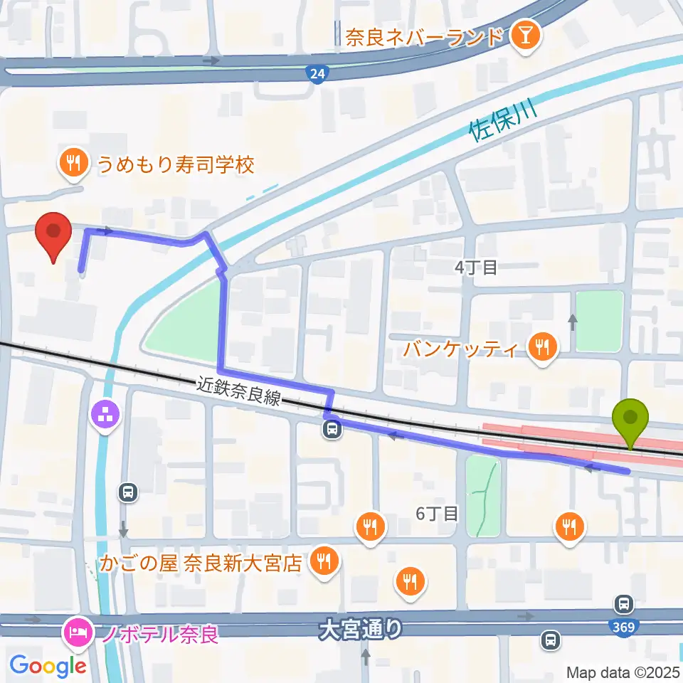 OneNoteミュージックスクールの最寄駅新大宮駅からの徒歩ルート（約7分）地図