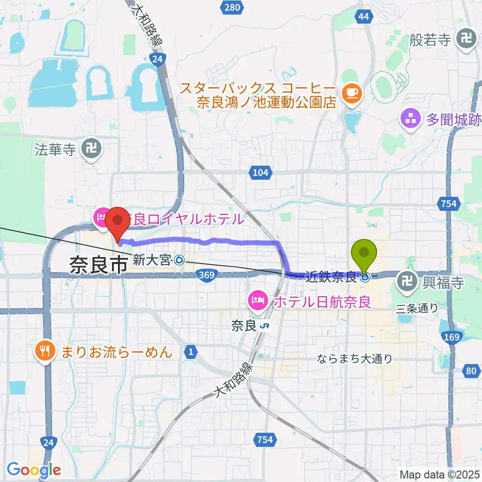 近鉄奈良駅からOneNoteミュージックスクールへのルートマップ地図