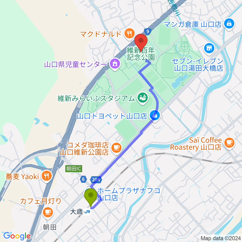 大歳駅から維新大晃アリーナへのルートマップ地図