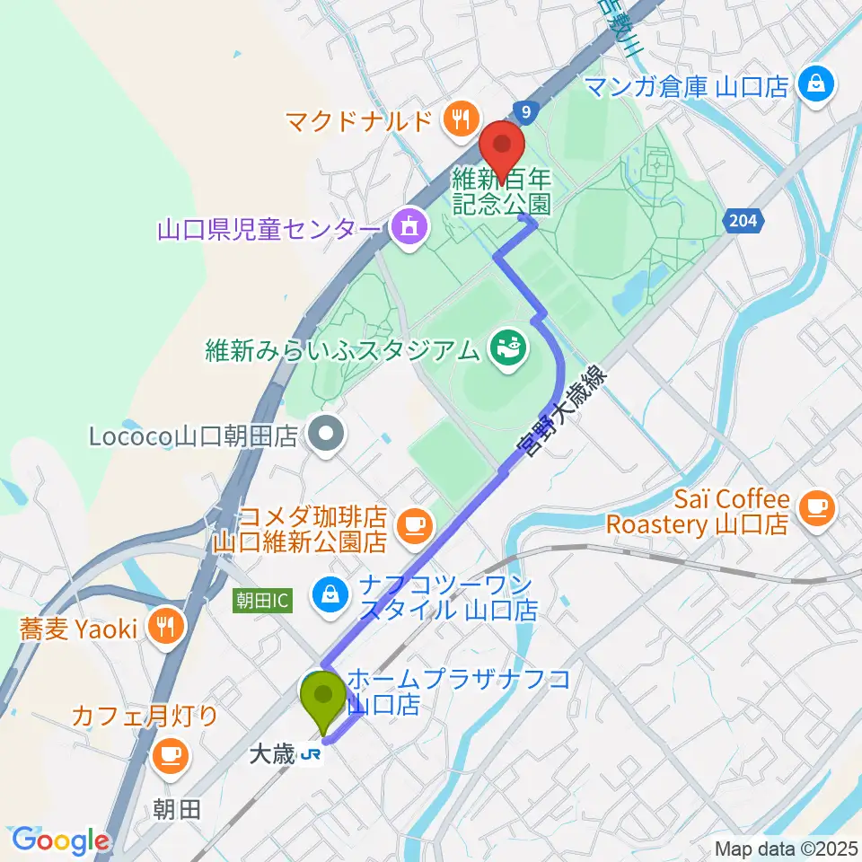 大歳駅から維新大晃アリーナへのルートマップ地図
