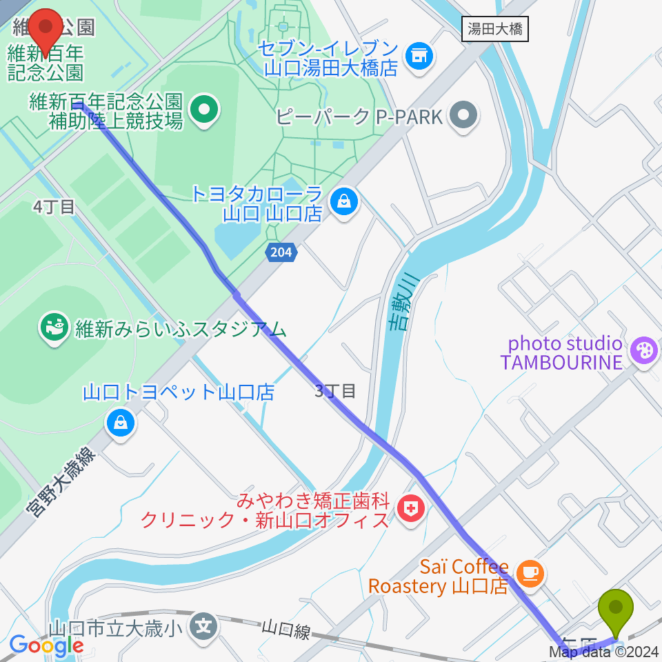 維新大晃アリーナの最寄駅矢原駅からの徒歩ルート（約19分）地図