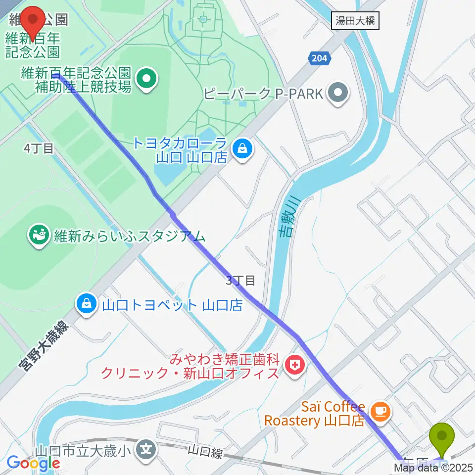 維新大晃アリーナの最寄駅矢原駅からの徒歩ルート（約19分）地図