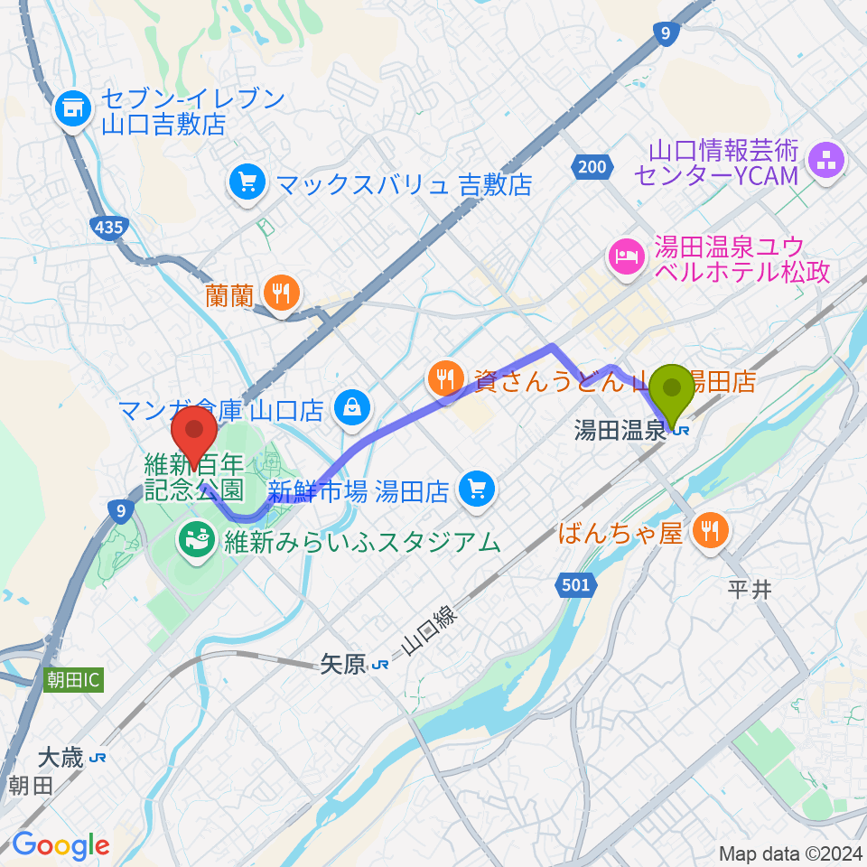 湯田温泉駅から維新大晃アリーナへのルートマップ地図