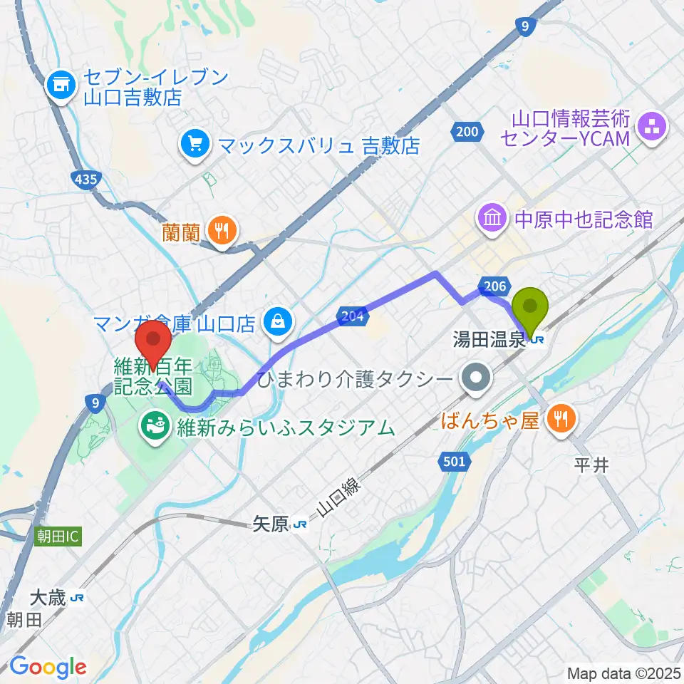 湯田温泉駅から維新大晃アリーナへのルートマップ地図