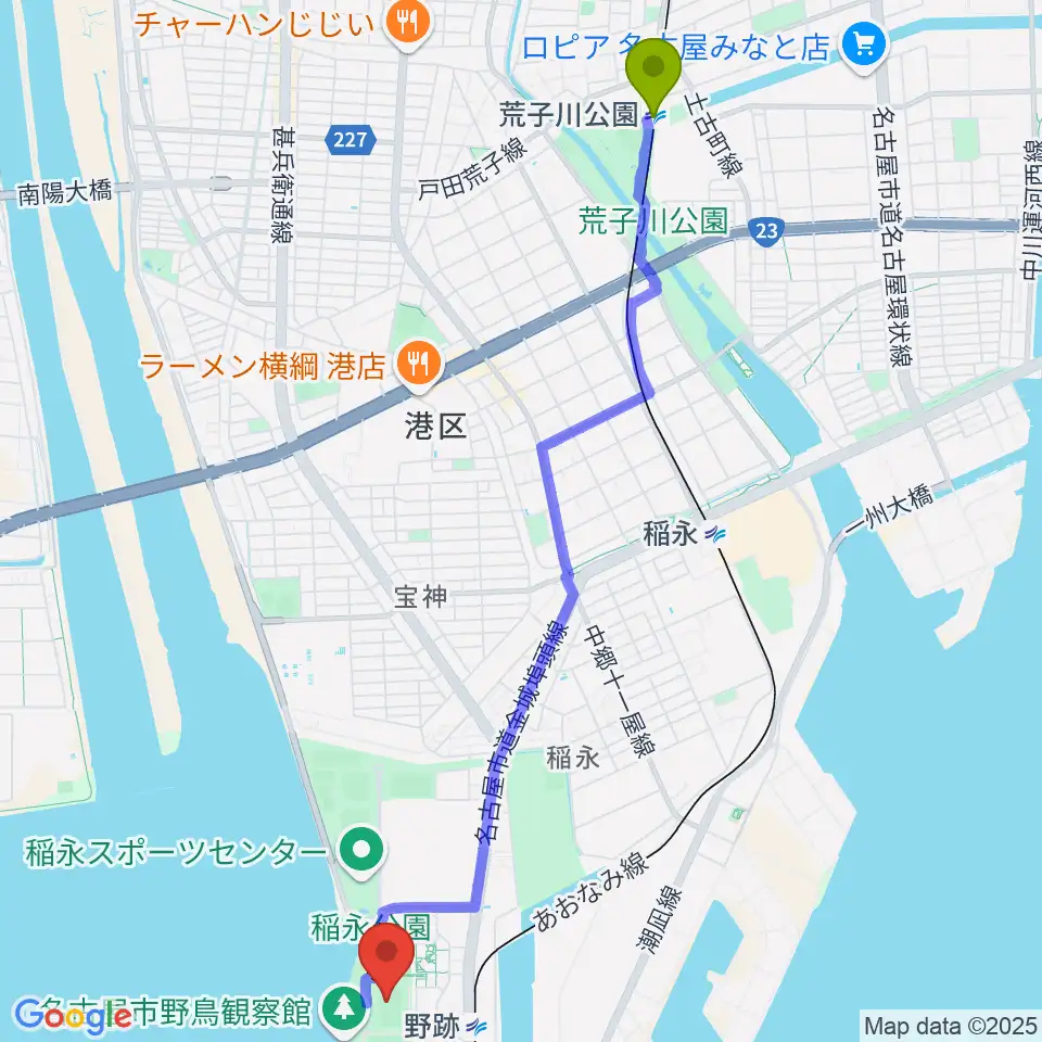荒子川公園駅からCSアセット港サッカー場へのルートマップ地図