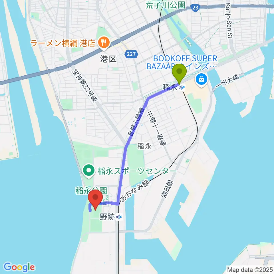 稲永駅からCSアセット港サッカー場へのルートマップ地図