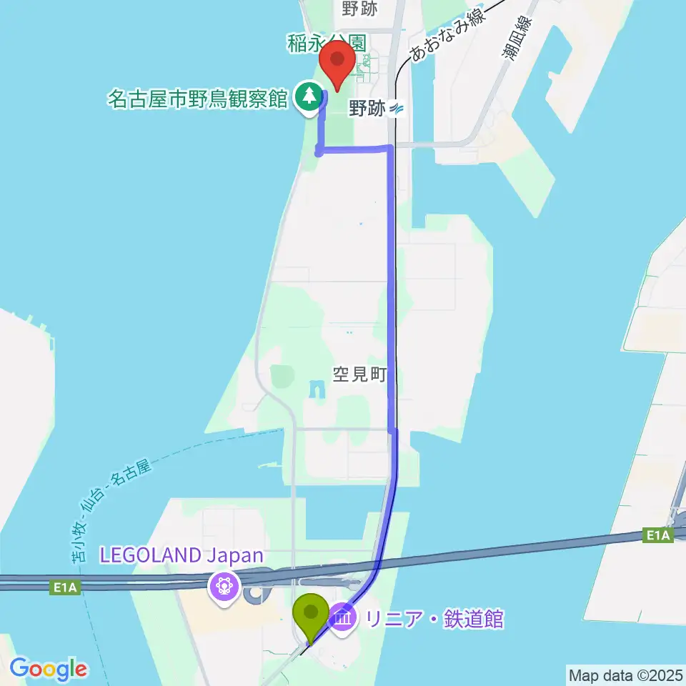 金城ふ頭駅からCSアセット港サッカー場へのルートマップ地図