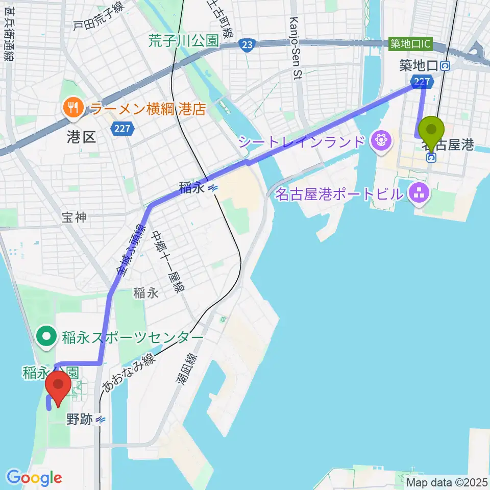 名古屋港駅からCSアセット港サッカー場へのルートマップ地図