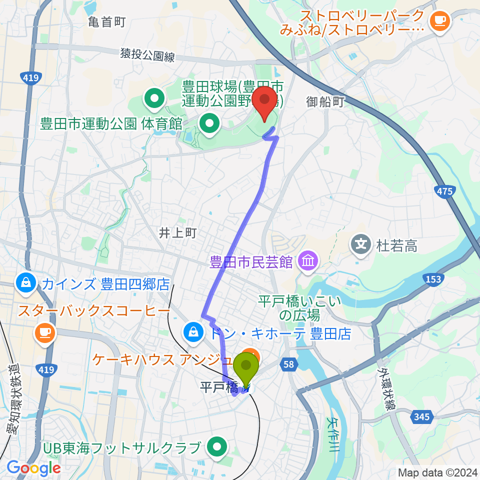 平戸橋駅から豊田市運動公園陸上競技場へのルートマップ地図