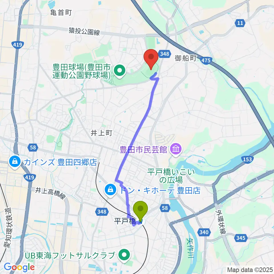 平戸橋駅から豊田市運動公園陸上競技場へのルートマップ地図