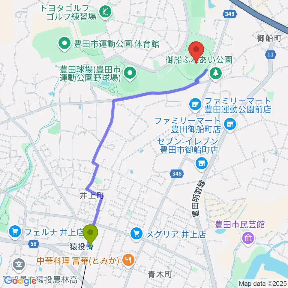 豊田市運動公園陸上競技場の最寄駅猿投駅からの徒歩ルート（約23分）地図