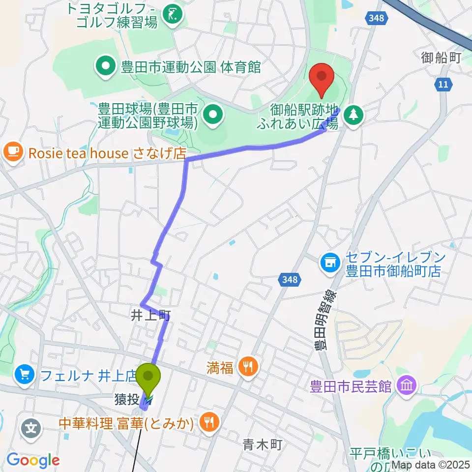 豊田市運動公園陸上競技場の最寄駅猿投駅からの徒歩ルート（約23分）地図