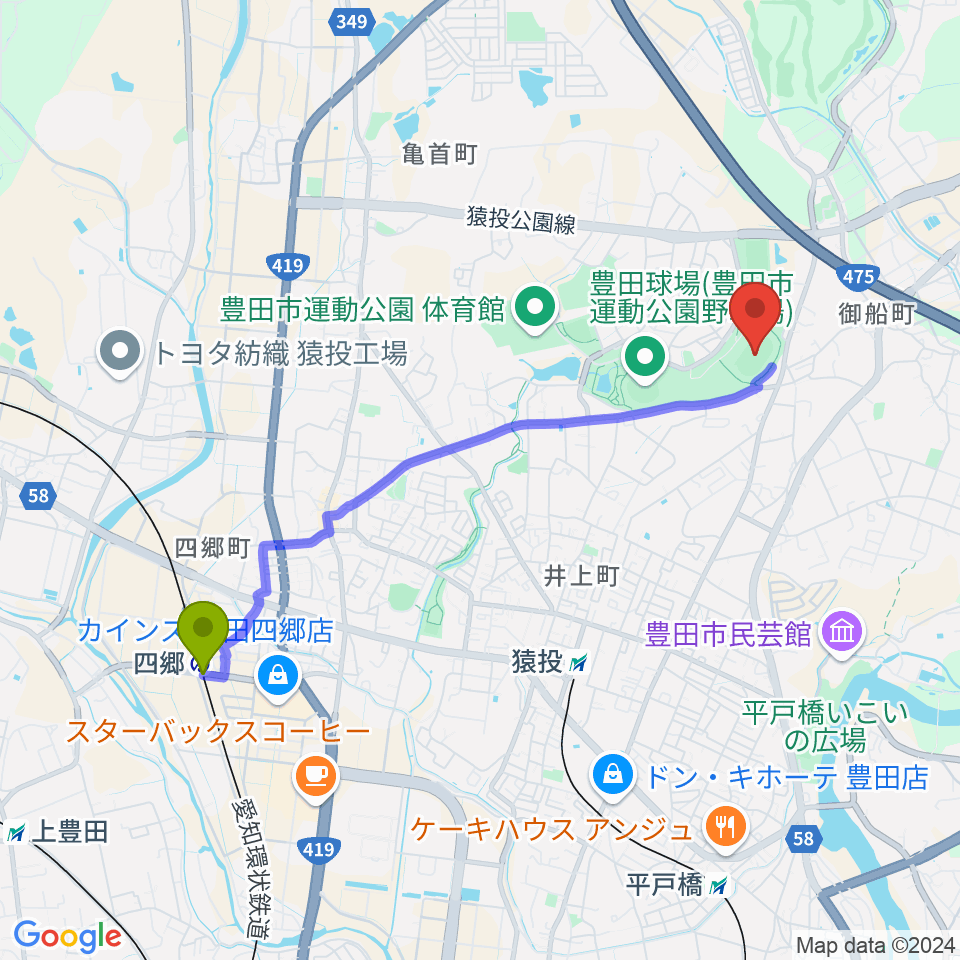 四郷駅から豊田市運動公園陸上競技場へのルートマップ地図