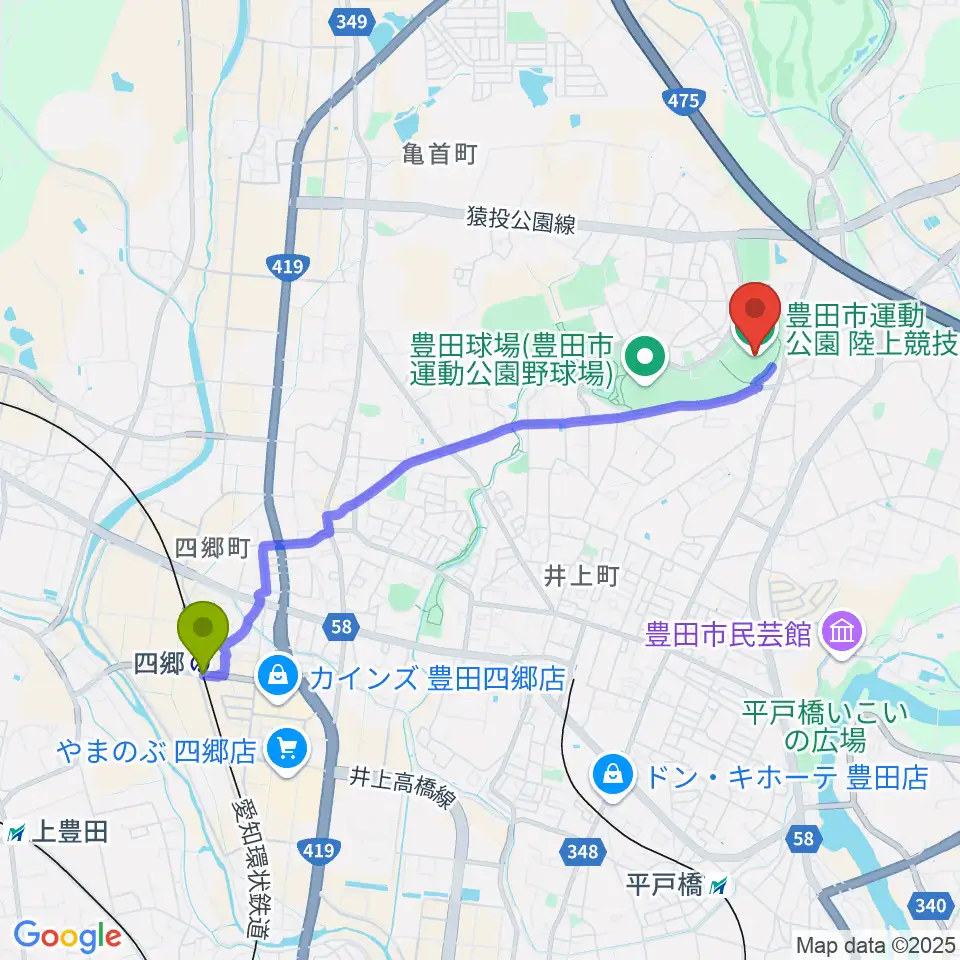 四郷駅から豊田市運動公園陸上競技場へのルートマップ地図