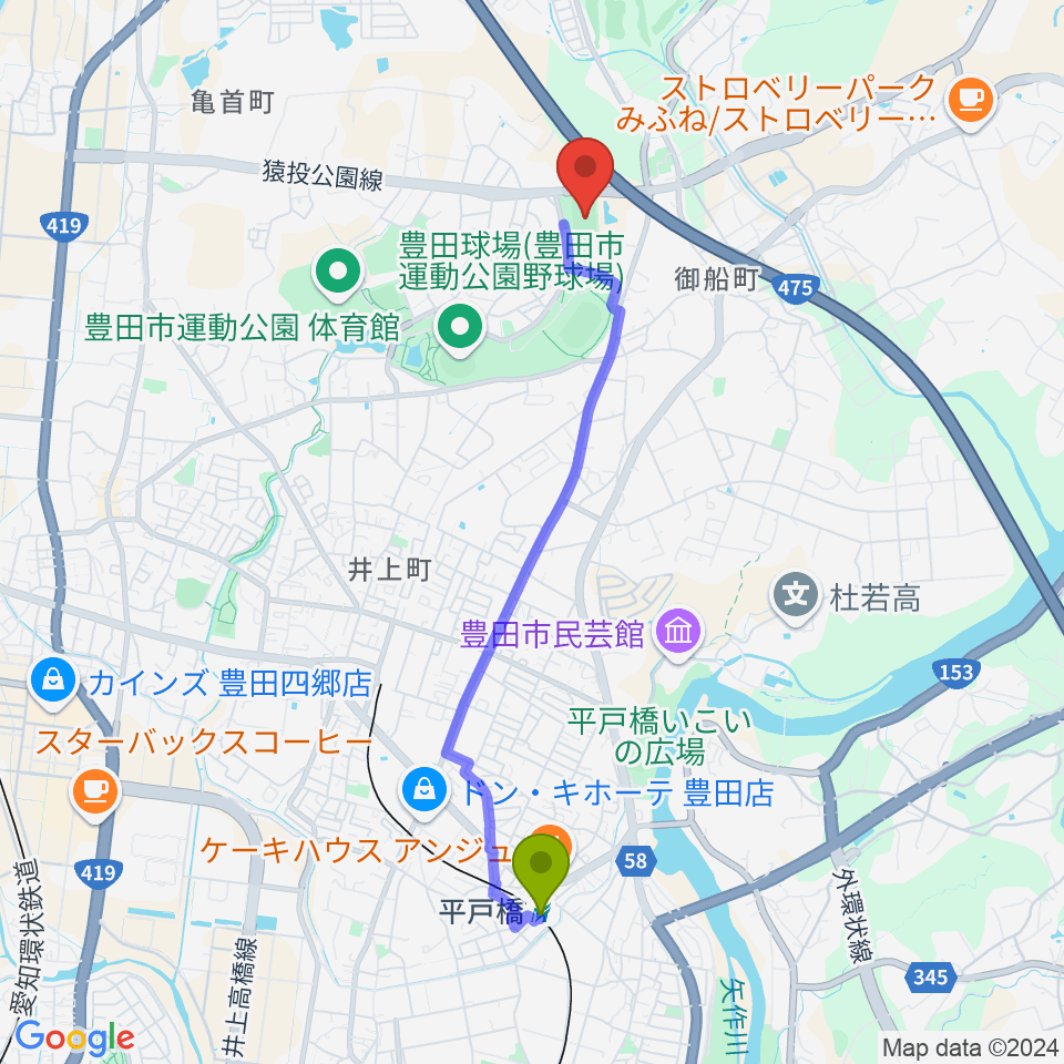 平戸橋駅から豊田市運動公園球技場へのルートマップ地図