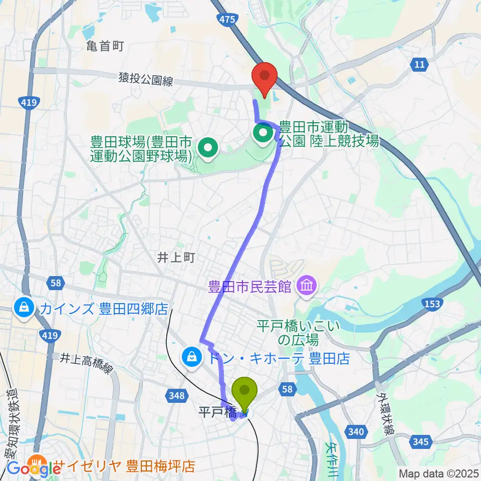 平戸橋駅から豊田市運動公園球技場へのルートマップ地図