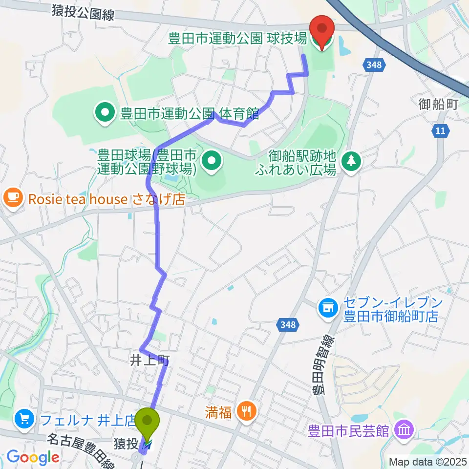 豊田市運動公園球技場の最寄駅猿投駅からの徒歩ルート（約29分）地図