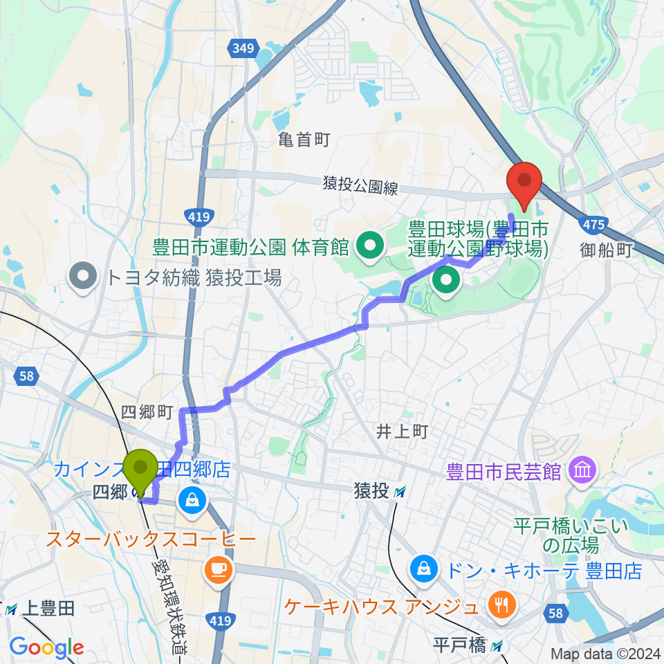 四郷駅から豊田市運動公園球技場へのルートマップ地図