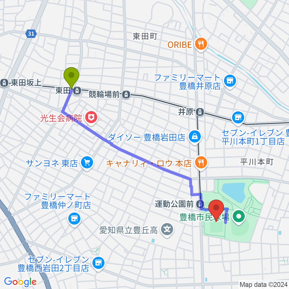 東田駅から豊橋市民球技場へのルートマップ地図