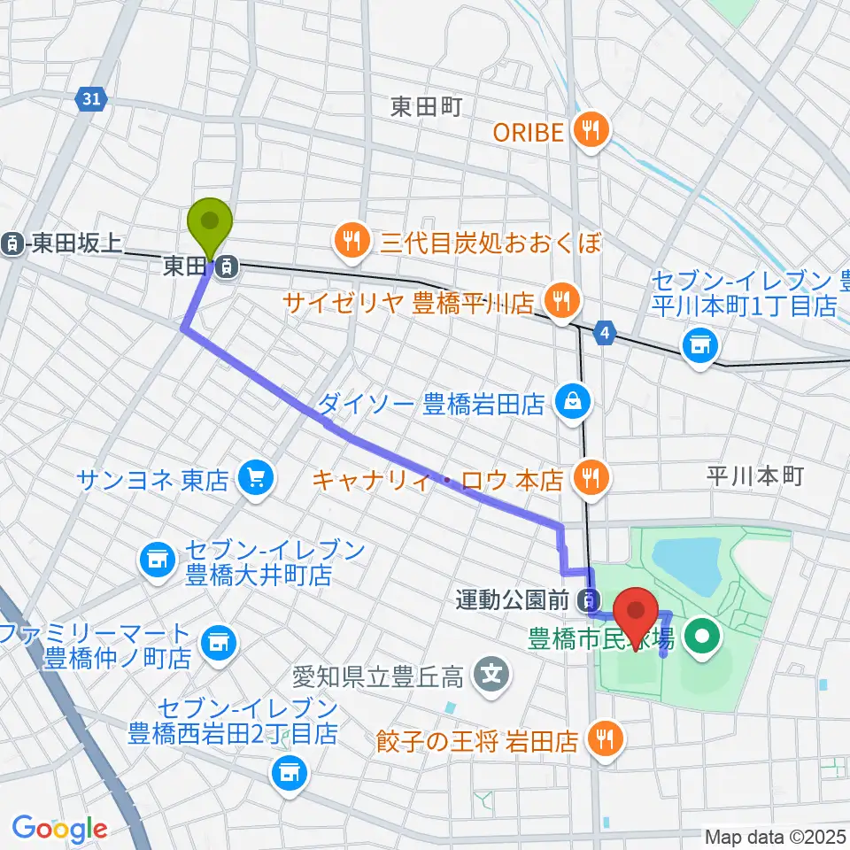 東田駅から豊橋市民球技場へのルートマップ地図